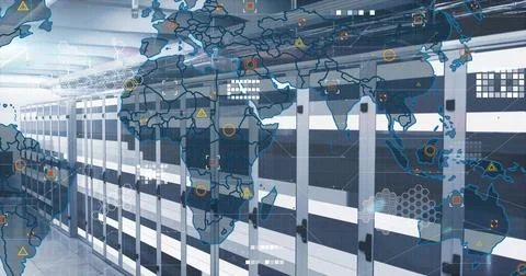Displaying data center corridor, with glowing server cabinets and floating Stock Photos