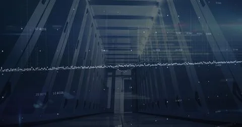 Displaying data center corridor, with server racks and floating numeric data Illustrazione stock