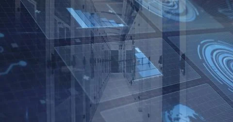 Displaying data center corridor with server racks, cabling, featuring hologra 스톡 일러스트