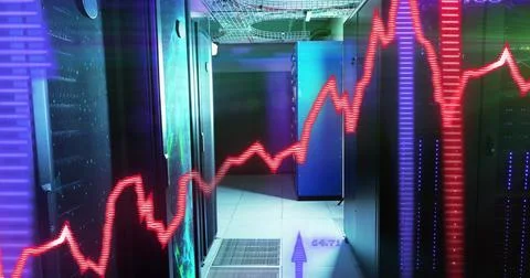 Displaying data center corridor with server cabinets, raised tiles and red Foto stock