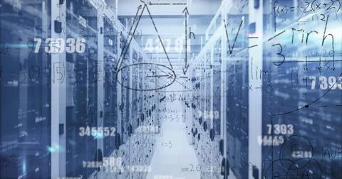 Displaying data center corridor with server racks, network switches, cables, LED Stock Photos