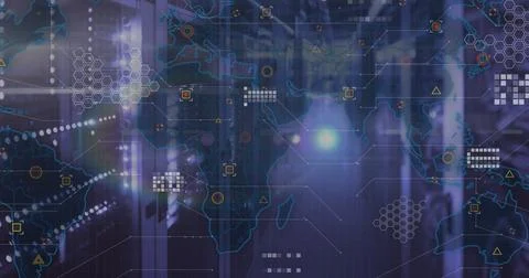 Displaying data center corridor, with server cabinets, LED lights and digital Stock Photos