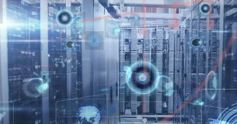 Displaying data center server racks with glowing LED indicators, patch cables, Stock Photos