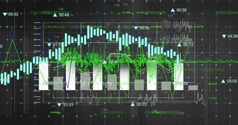 Displaying data chart on analytics dashboard, with green bars, blue line graph Illustrazione stock