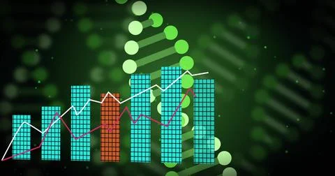 Displaying data chart combining teal grid bars orange bar, magenta and white Foto stock