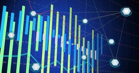 Displaying data chart on dark blue screen showing green-blue bars, red cyan Illustrazione stock