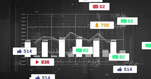 Displaying data chart on dark screen showing seven white bars and line, trace, Stock Illustration