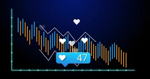 Displaying data chart on dark screen, with axes, bars, lines, floating hearts, Stock Photos