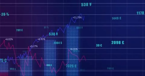Displaying data chart on dashboard, with dotted bars, blue and red lines, Illustrazione stock