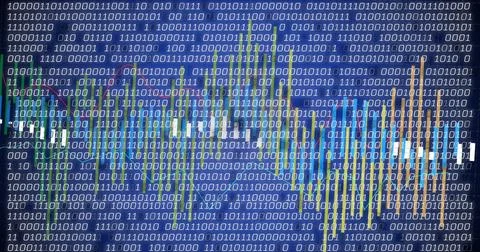 Displaying data chart on deep blue screen showing binary digits, bars, color Stock Photos