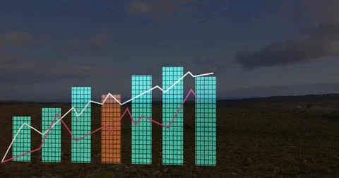 Displaying data chart overlay tracing trends over scrubland plain, with bar c Foto stock