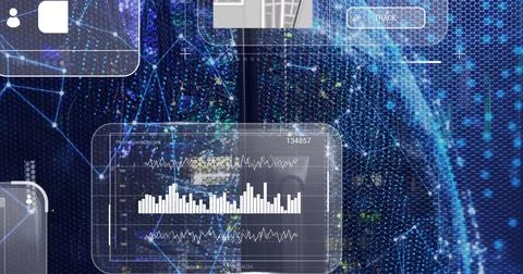 Displaying data chart panel showing graphs and 'TRACK' button on dashboard with Foto stock