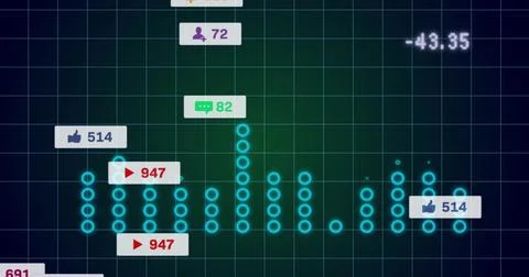 Displaying data chart on screen, with glowing cyan circles, thumbs-up and play Stock Photos