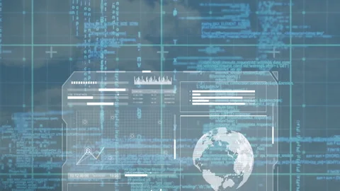 Displaying data charts and world map, digital interface with blue coding Stock Footage 304807910
