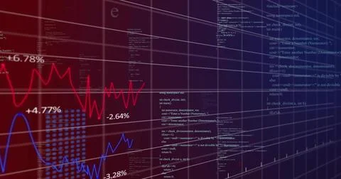 Displaying data charts in dashboard, showing red and blue lines, percent labels, Illustrazione stock