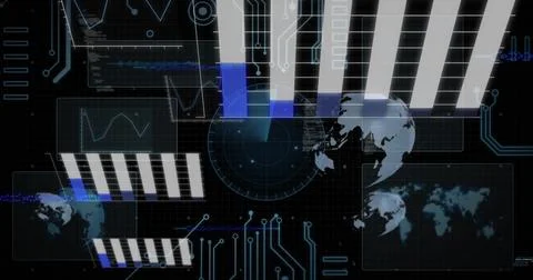 Displaying data cluster centered in HUD, showing radar, globe, bars, circuits on 스톡 일러스트