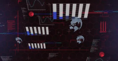 Displaying data cluster on control HUD, showing white bars, globes, cyan line Stock Illustration