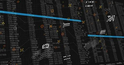 Displaying data columns at system dashboard, showing error labels, hexagonal Stock Illustration