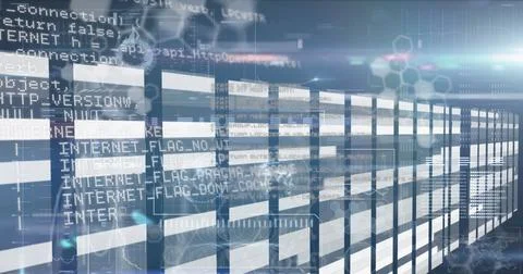 Displaying data corridor extending into virtual matrix with glowing code text Stock Photos