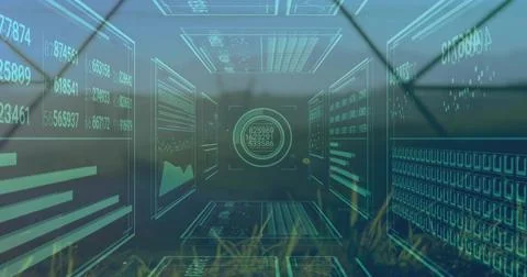 Displaying data corridor of HUD over field, showing panels, numbers, circular Foto stock