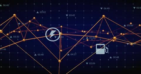 Displaying data on dark grid dashboard, showing orange nodes, connecting lines, イラスト素材