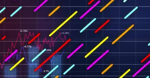 Displaying data in dark-grid UI with light-blue bars, red and blue lines, Stock Photos