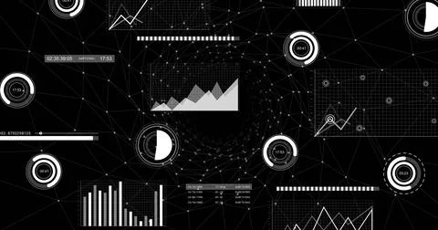 Displaying data dashboard and node mesh on dark canvas, showing area, line, bar Illustrazione stock