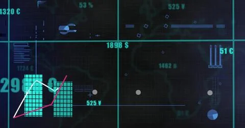 Displaying data dashboard center, showing turquoise bars, white and magenta Illustrazione stock