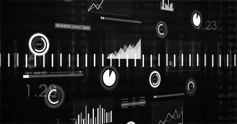 Displaying data dashboard centered on dark screen, showing central tick-rail and Stock Illustration