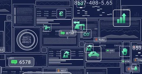Displaying data dashboard centered on dark navy screen, showing panels, graphs, Stock Photos