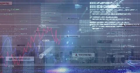 Displaying data dashboard centered on digital console, with red and blue charts Illustrazione stock