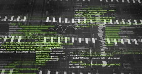 Displaying data dashboard on computer screen, with code, bar chart and line Stock Illustration
