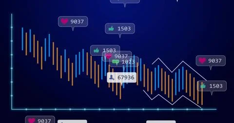 Displaying data dashboard on dark-blue panel, showing orange and blue bars, w Illustrazione stock