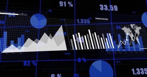 Displaying data dashboard on dark blue grid, showing area chart, bar chart, 库存插图