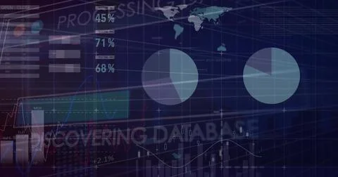 Displaying data dashboard on dark blue grid, showing two pie charts, world map, Stock Photos