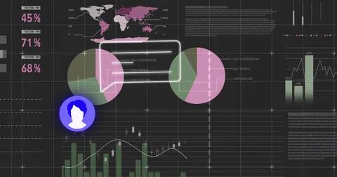 Displaying data dashboard on dark grid, with world map, pie charts, chat UI and Stock Photos