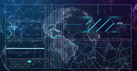 Displaying data dashboard on dark network background, showing Americas map, Foto stock