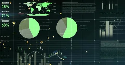 Displaying data dashboard on dark screen, with world map, pie charts, metrics Stock Illustration