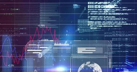 Displaying data dashboard on dark screen, showing red-blue charts, percent Stock Photos
