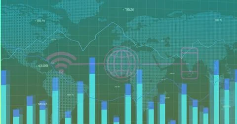 Displaying data dashboard on dotted world map with color bars, line graph, gl Stock Illustration