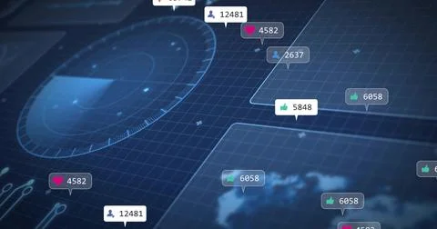 Displaying data dashboard filling virtual interface, showing radar HUD, social Stock Photos