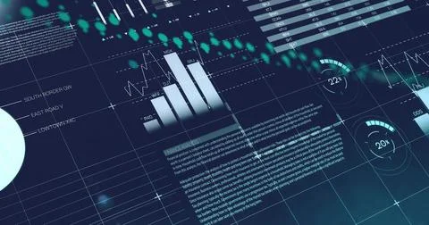 Displaying data dashboard on grid plane with bar charts line graph gauges data Stock Photos