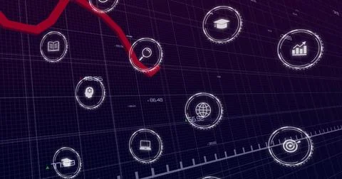 Displaying data dashboard highlighting red trend line and circular HUD icons in Stock Illustration