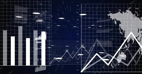 Displaying data dashboard on navy interface, showing bar chart, line charts, イラスト素材