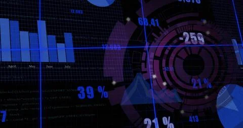Displaying data dashboard overlay on black grid, showing circular HUD, bar Stock Illustration