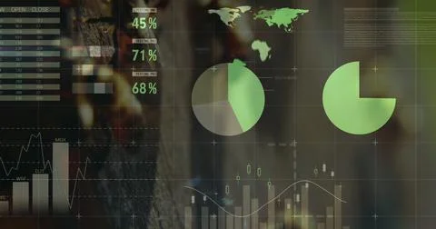 Displaying data dashboard overlay on digital interface, with pie and donut Stock Photos