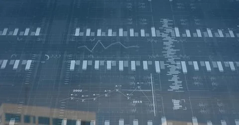 Displaying data dashboard overlay on digital interface, with grid lines, bar Stock Photos