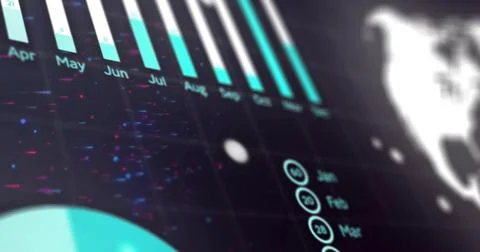 Displaying data dashboard on screen in dark workspace, showing teal bars, Stock Illustration