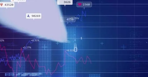 Displaying data dashboard on screen, with dotted bar charts, two-color line 스톡 사진