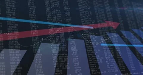 Displaying data dashboard on screen, featuring red and blue arrows, line graph Stockfoto's